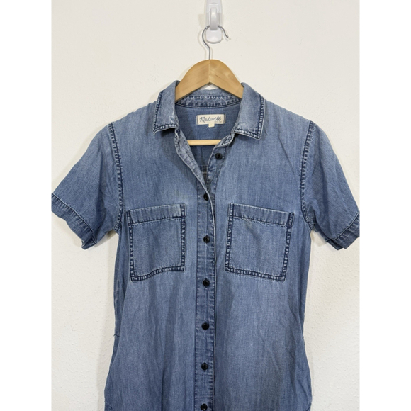Madewell Chambray Shirt Dress Small Blue Denim Buttons Raw Hem Pockets Boho - Picture 5 of 10
